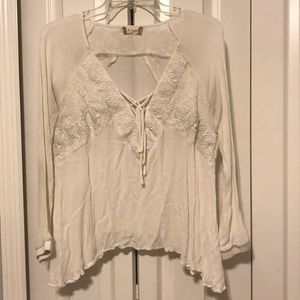 Boho LS Tie Front Lace Trim Gauze Top, Size M